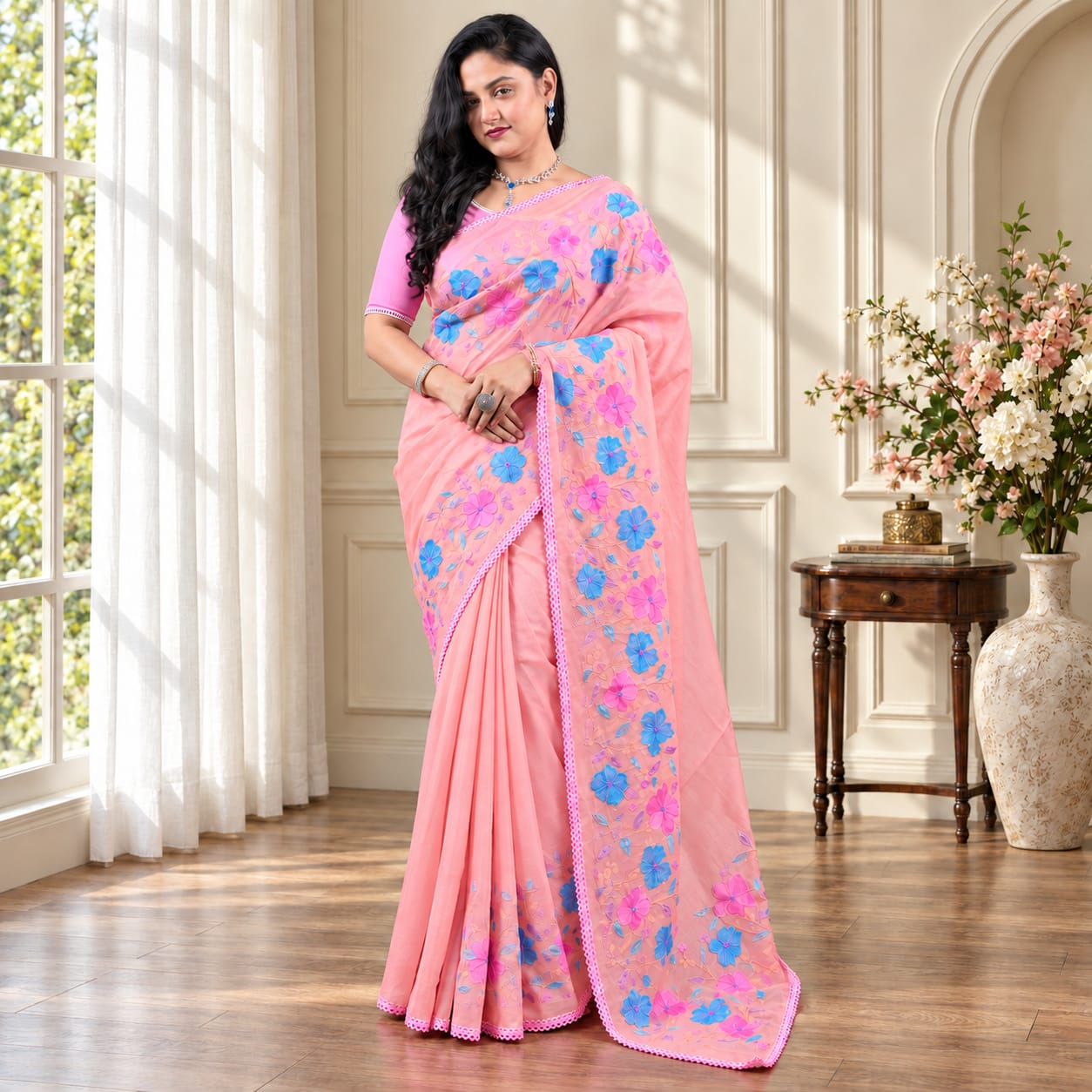 Premium Semi Muslin Embroidery Work Saree one